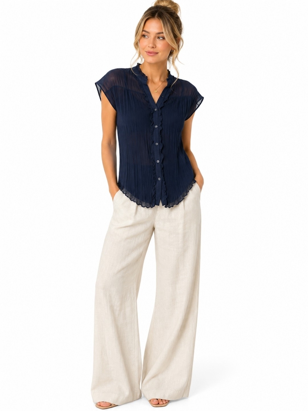 Y2K Tailor B. Moss Pleated Sheer Button-Front Cap Sleeve Navy Blouse